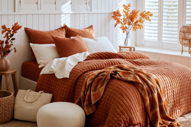 Cozy autumn bedroom with orange quilt and white pillows near a window with shutters