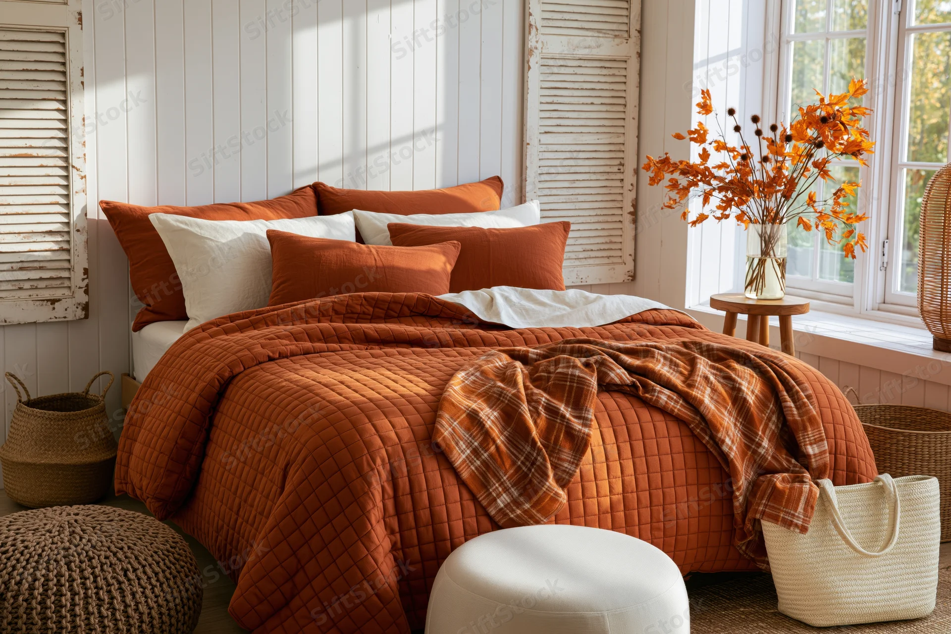 Cozy autumn bedroom with orange quilted bedding and rustic decor by a window