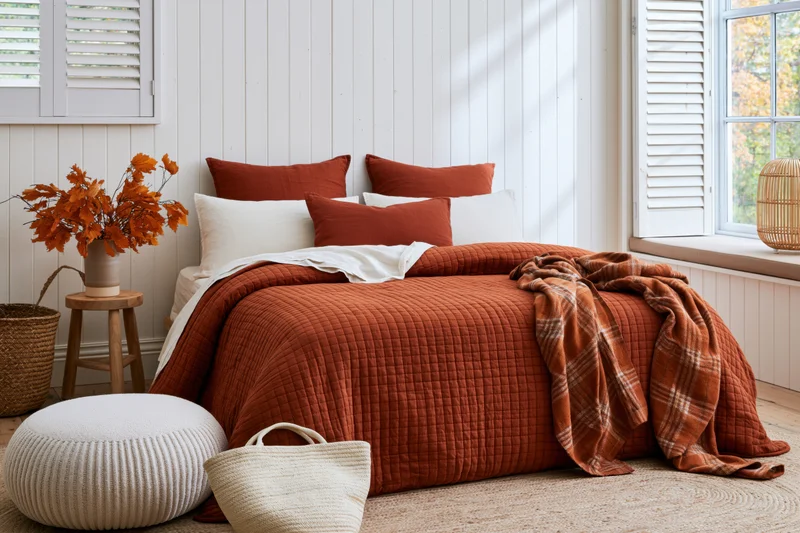 Cozy autumn bedroom with orange quilted bedding and natural light from shuttered windows