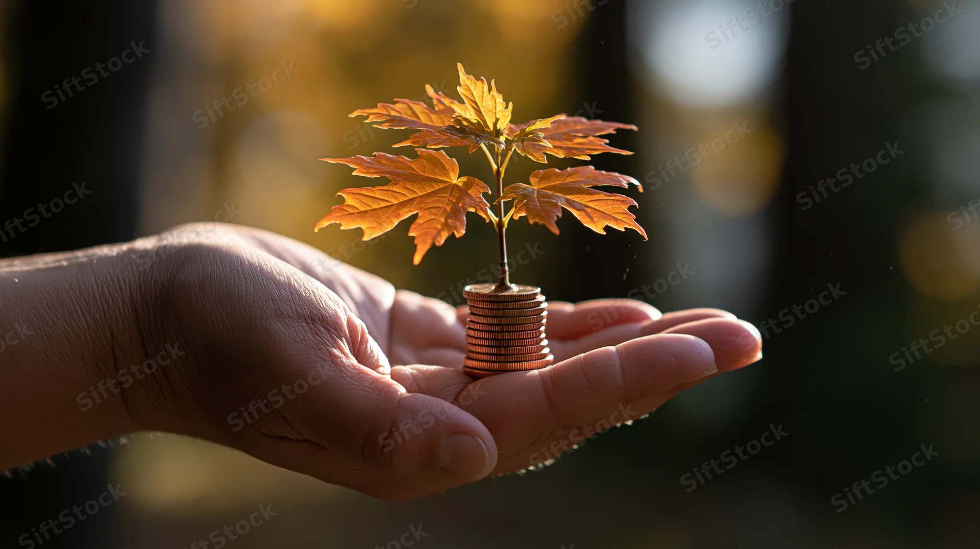 Hand holding a small maple tree growing from a stack of coins outdoors in autumn light
