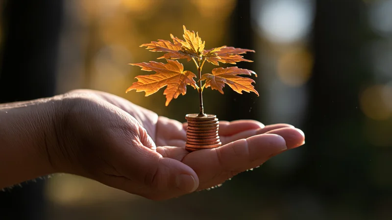 Hand holding a small maple tree growing from a stack of coins outdoors in autumn light