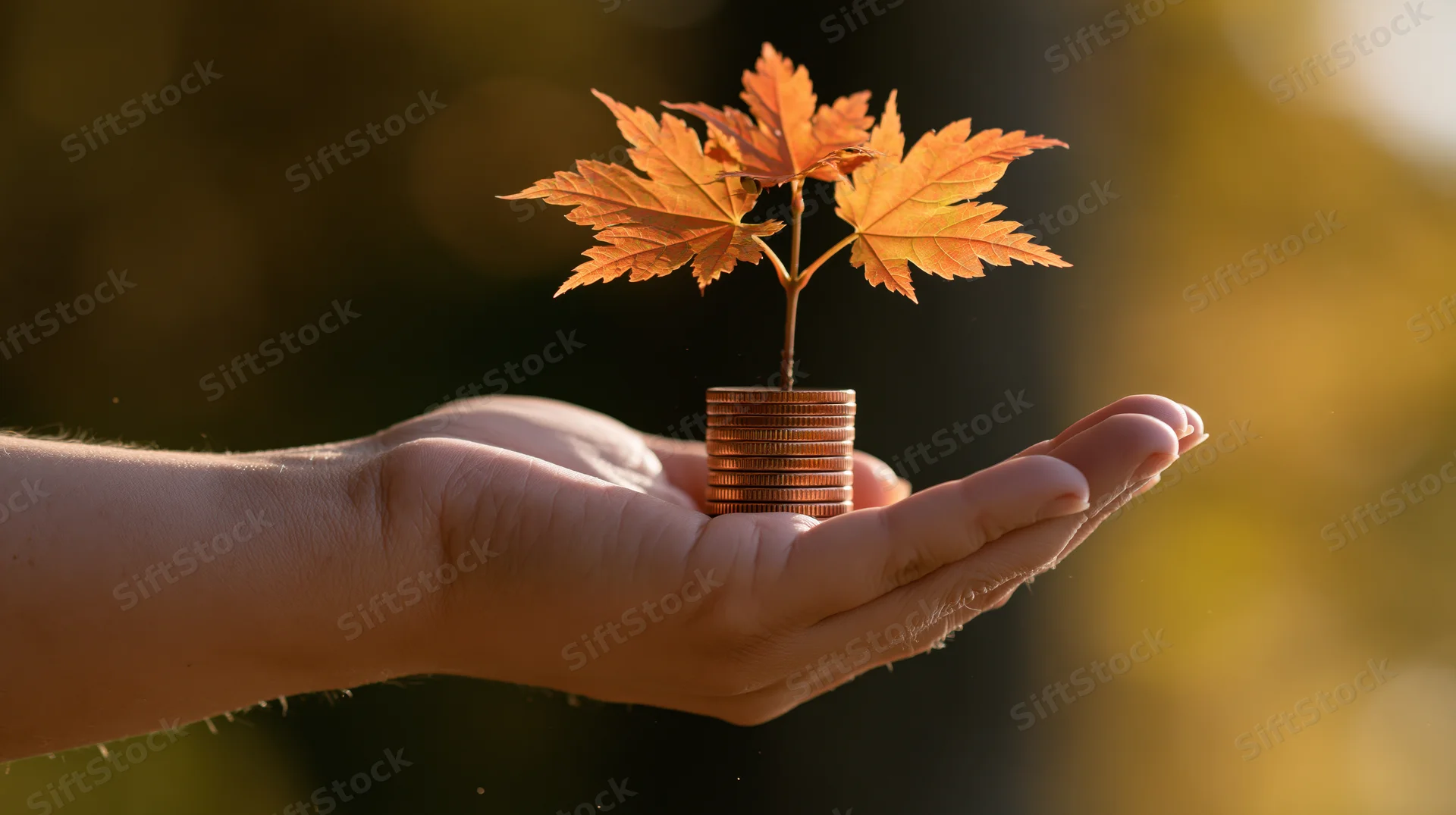 Hand holding a stack of coins with a small maple plant growing from it outdoors in warm sunlight