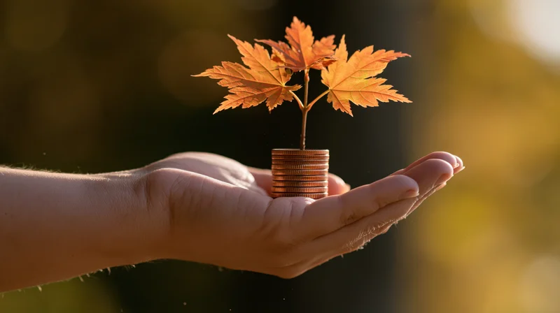 Hand holding a stack of coins with a small maple plant growing from it outdoors in warm sunlight