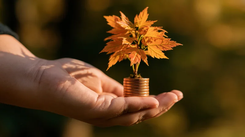 Hand holding a small plant growing from a stack of coins outdoors in warm light