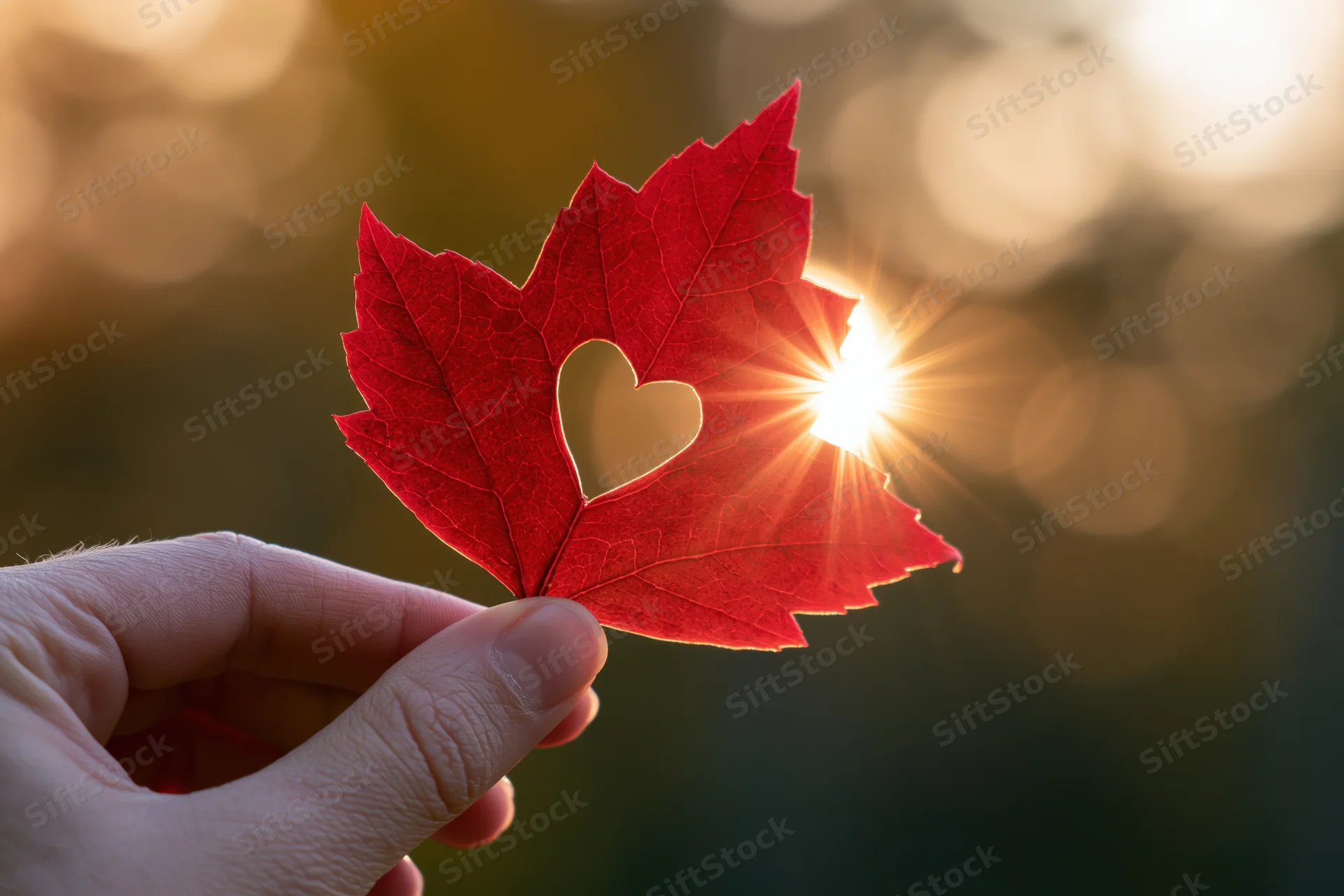 Hand holding red maple leaf with heart-shaped cutout against sunlight in autumn setting