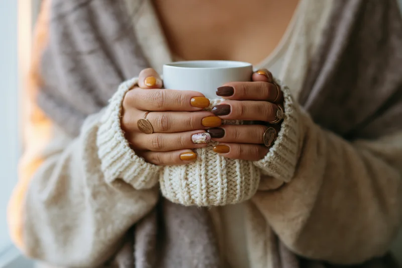 Woman holding a white ceramic mug with knitted sleeve and nail art in a cozy indoor setting