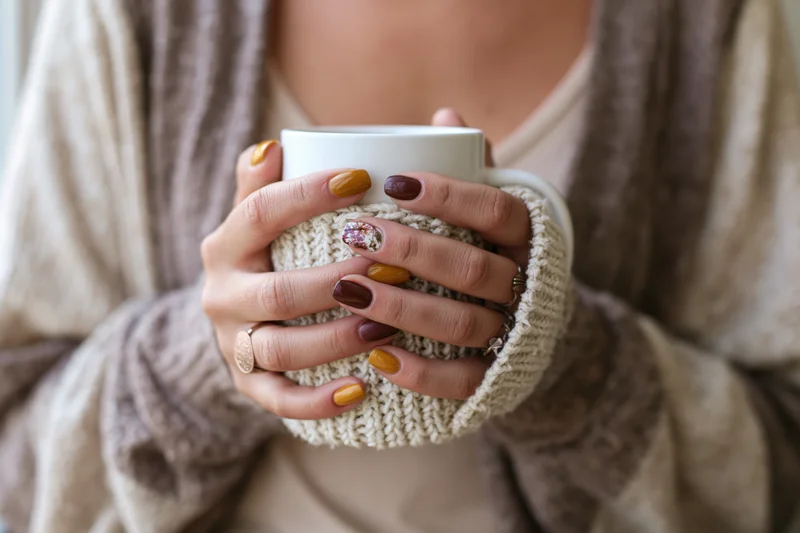 Woman holding a white ceramic mug with knitted cozy, hands with nail art and rings, wearing a beige cardigan indoors