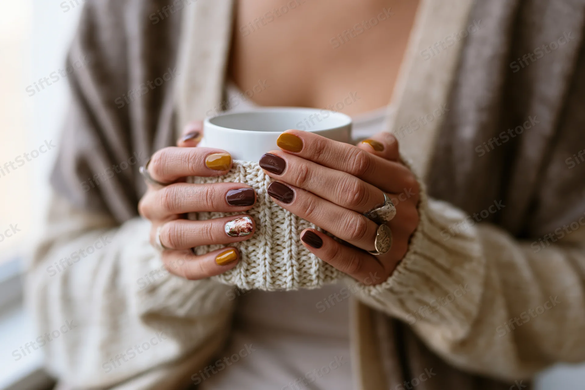 Woman holding a white ceramic mug with knitted sleeve, hands in focus, indoors near window