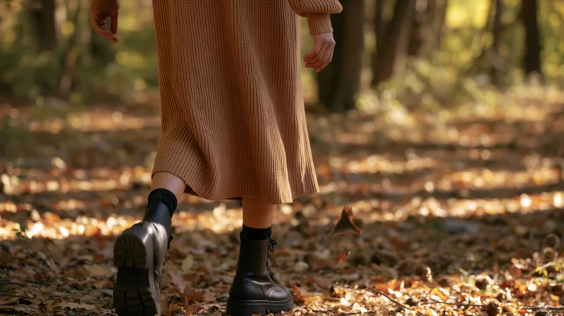Woman walking through a leaf-covered forest path in autumn wearing a tan knit midi dress and black boots