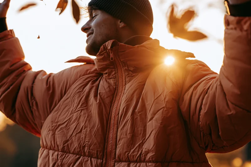 Man in puffer jacket with arms raised outdoors during golden hour backlit by sun with falling leaves