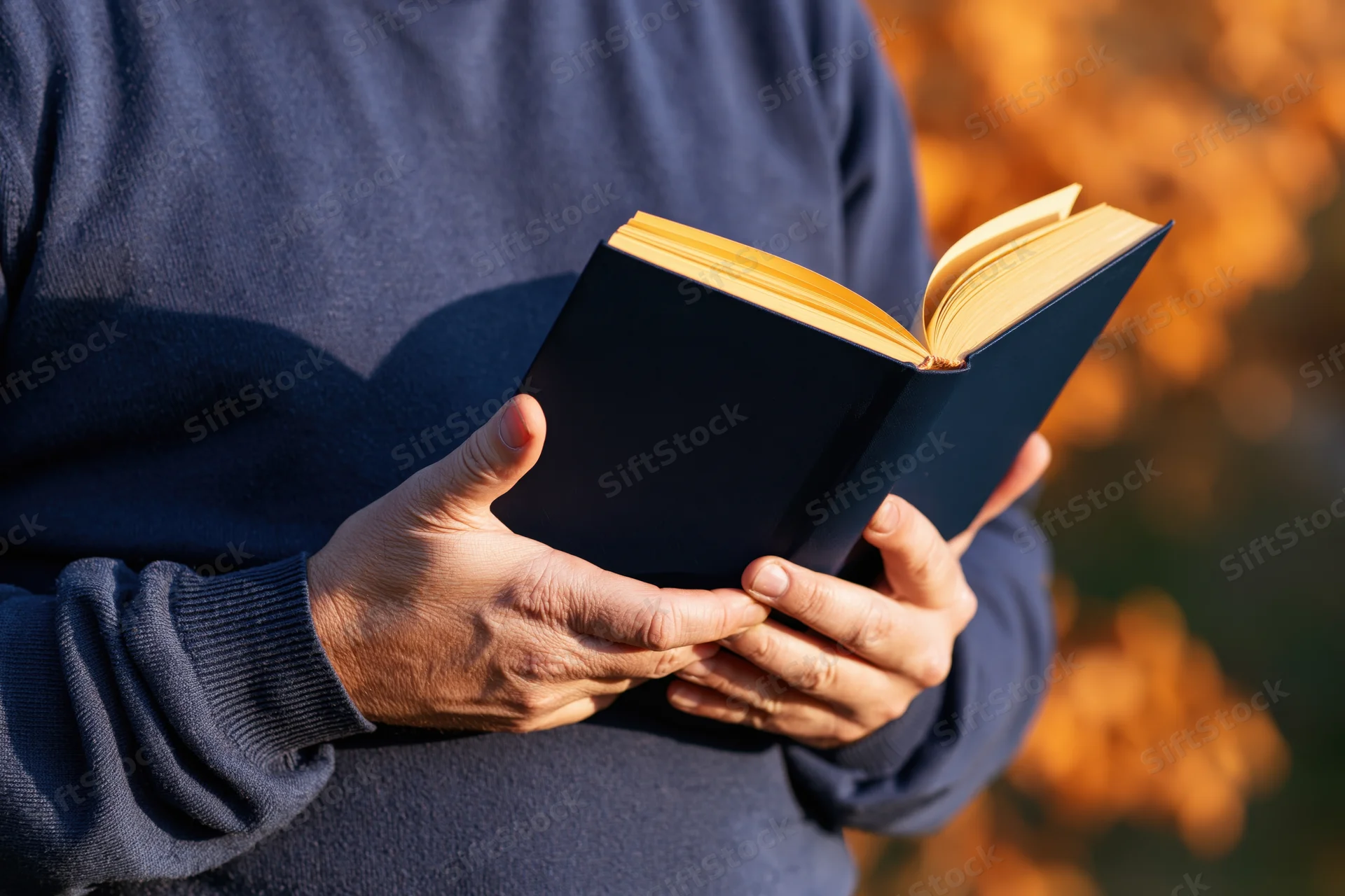 Person holding open book while reading outdoors in autumn foliage