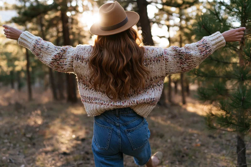 Woman with arms outstretched in a sunlit forest, seen from behind, wearing a knitted sweater and fedora hat