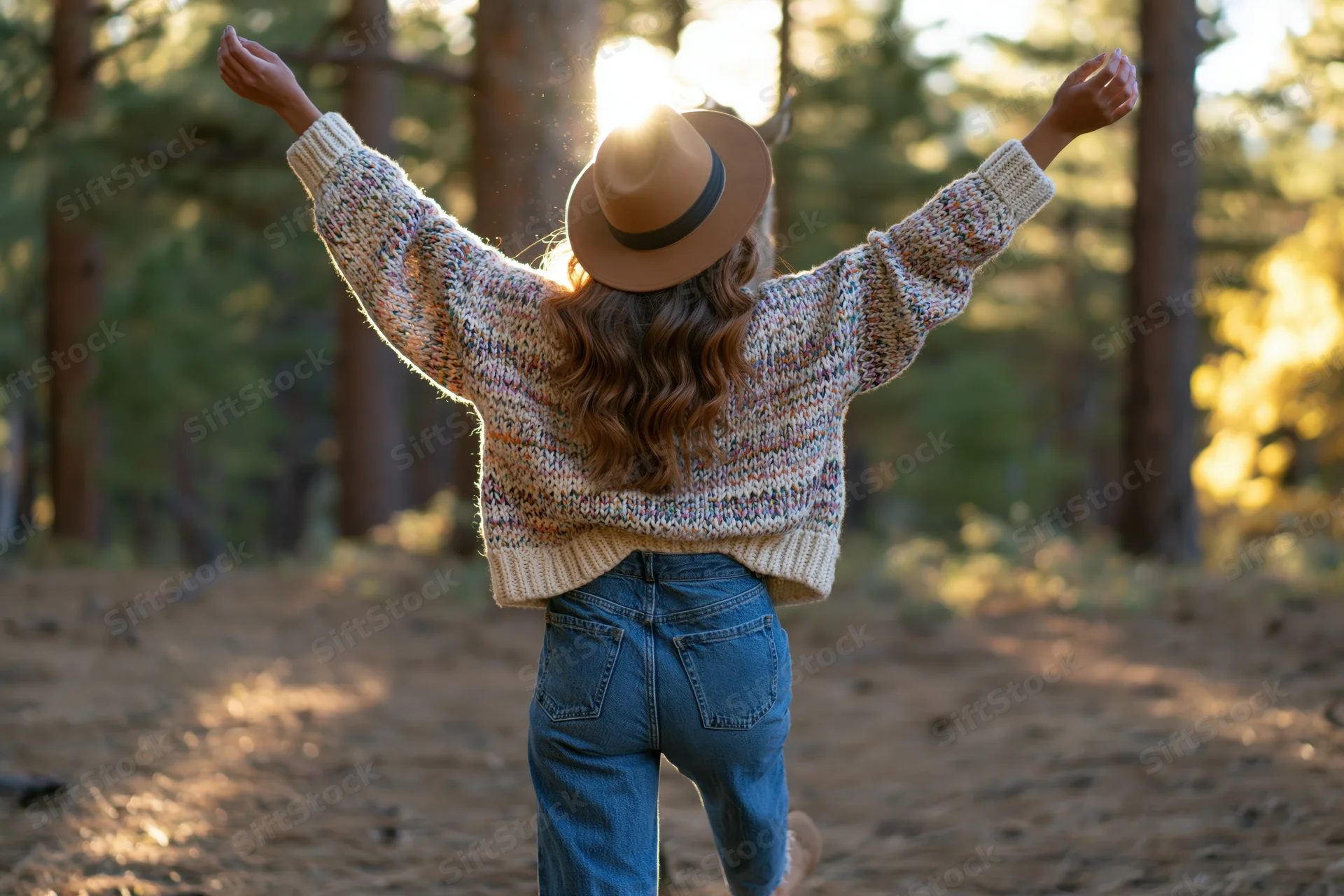 Woman with arms raised facing sunlight in forest backview