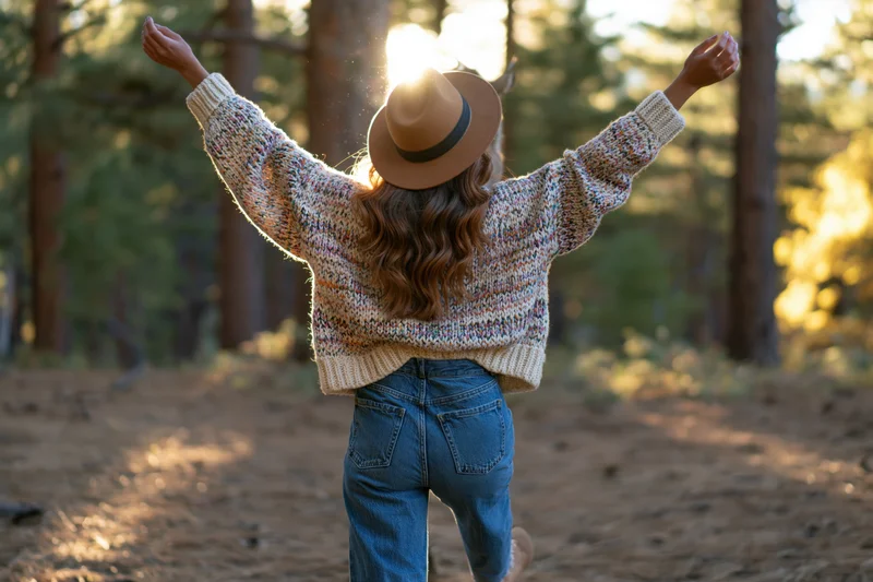Woman with arms raised facing sunlight in forest backview