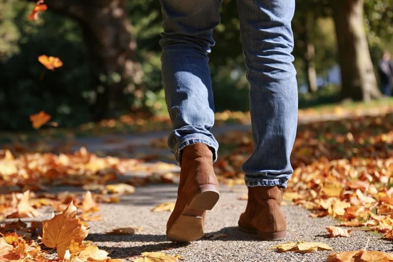 Woman walking away on a leaf-covered sidewalk in a park during autumn