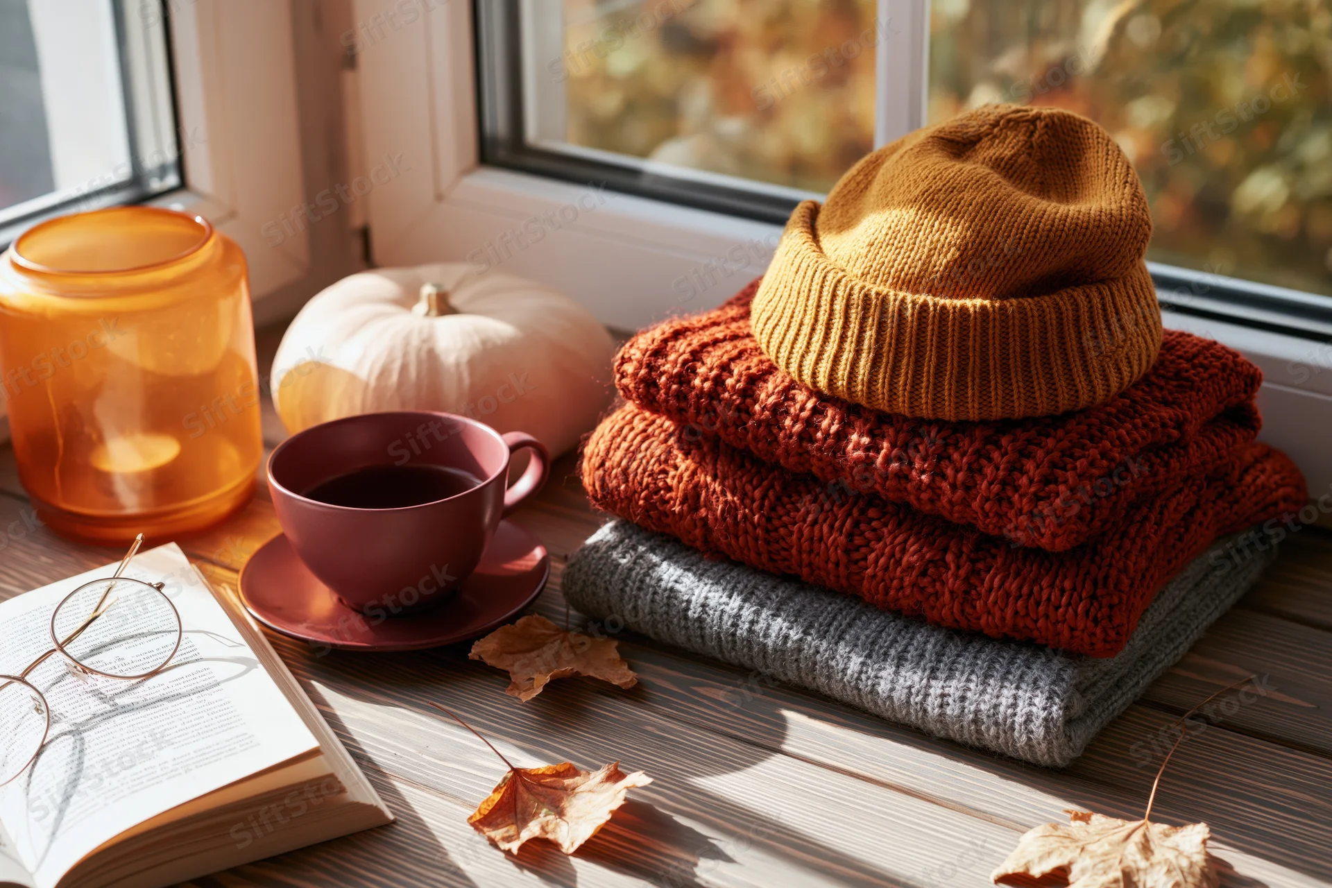 Folded knit sweaters and a beanie on a sunlit wooden windowsill with a pumpkin, tea cup, book, and autumn leaves