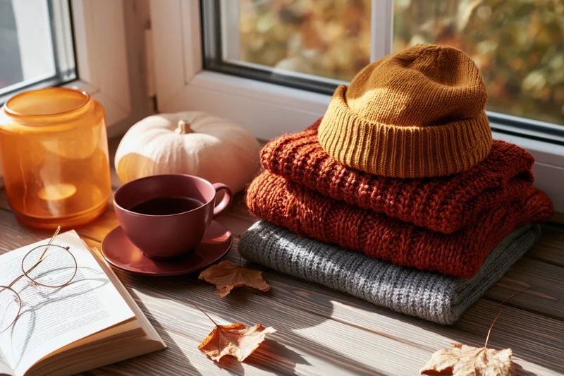 Folded knit sweaters and a beanie on a sunlit wooden windowsill with a pumpkin, tea cup, book, and autumn leaves