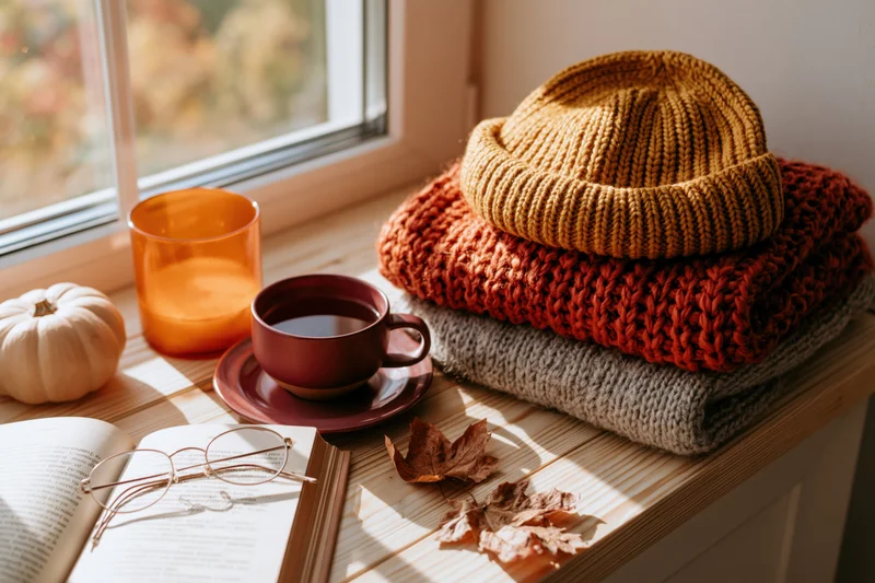 Knitted hat and sweater stacked on wooden windowsill beside tea cup, book, pumpkin and autumn leaves in sunlight