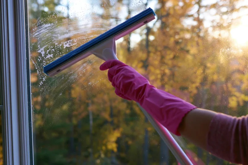 Woman cleaning window with squeegee in autumn foliage view