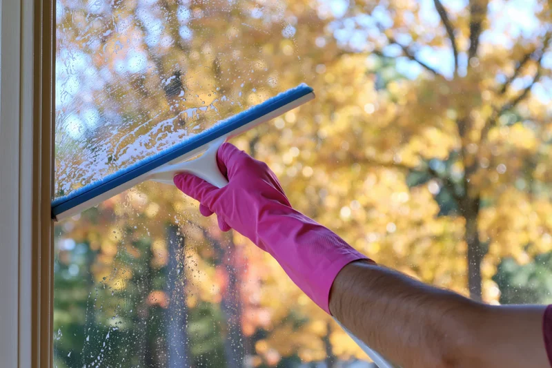 Hand in pink glove using squeegee to clean soapy window with autumn trees visible outside