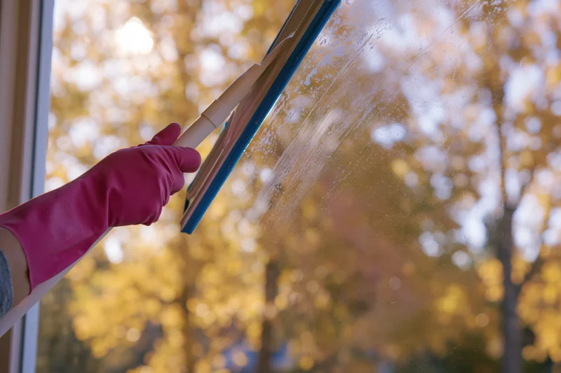 Hand in pink rubber glove using squeegee to clean window with autumn trees visible outside