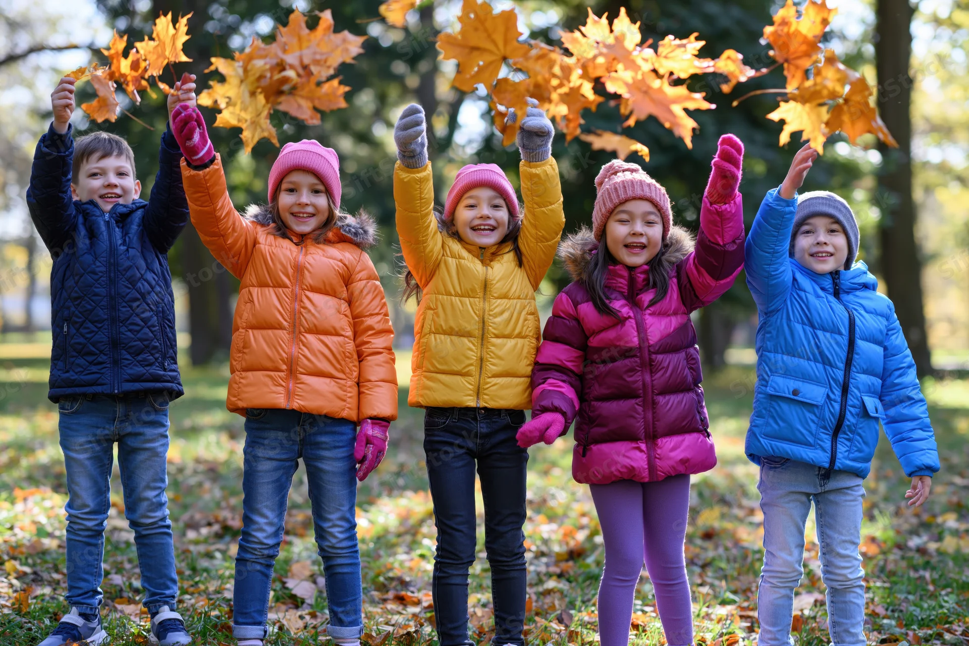 Five children playing in a park holding autumn leaves above their heads