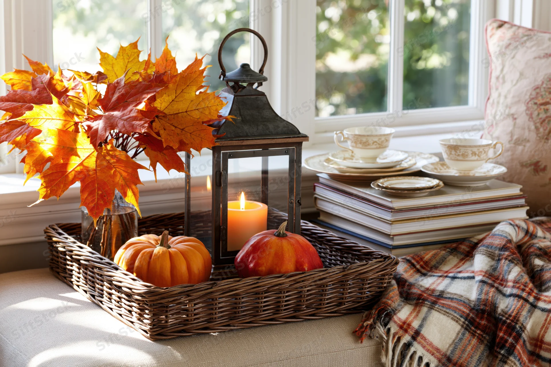 Autumn still life with pumpkins, candle lantern and fall leaves in wicker basket by sunlit window