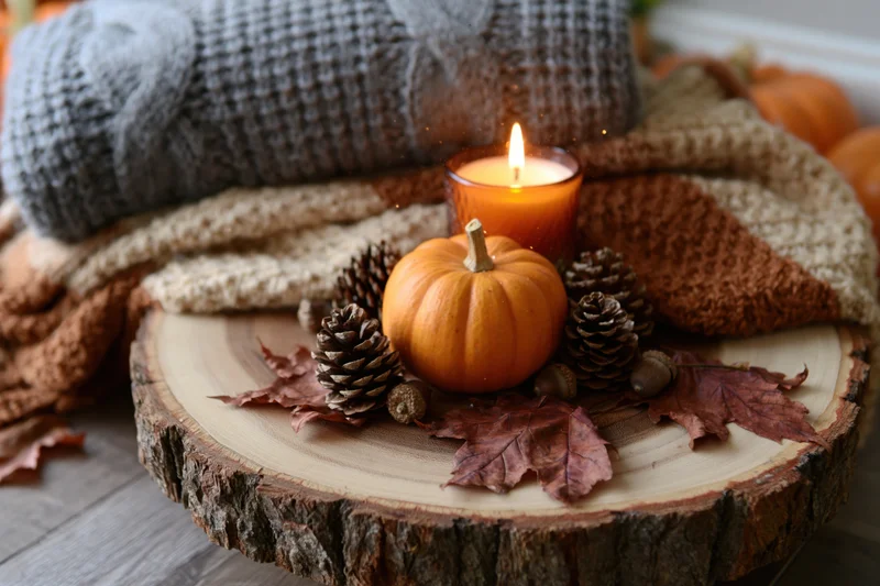 Autumn still life with pumpkin, candle, pinecones and leaves on a wooden tree slice surrounded by knit blankets