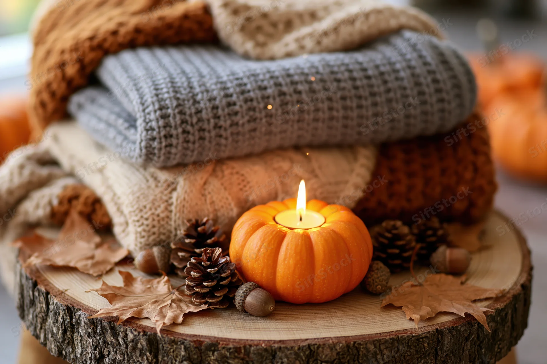 Stacked knitted sweaters with a lit pumpkin candle and autumn leaves on a wooden tree slice