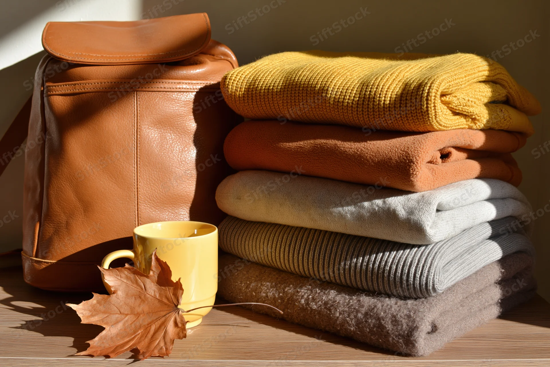 Folded sweaters stacked beside a leather bag and yellow mug on a wooden table with a dried leaf in warm sunlight
