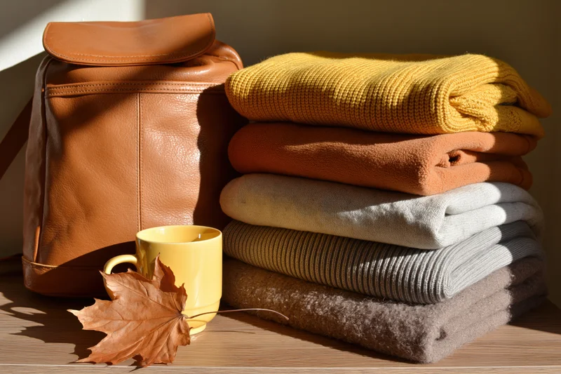 Folded sweaters stacked beside a leather bag and yellow mug on a wooden table with a dried leaf in warm sunlight