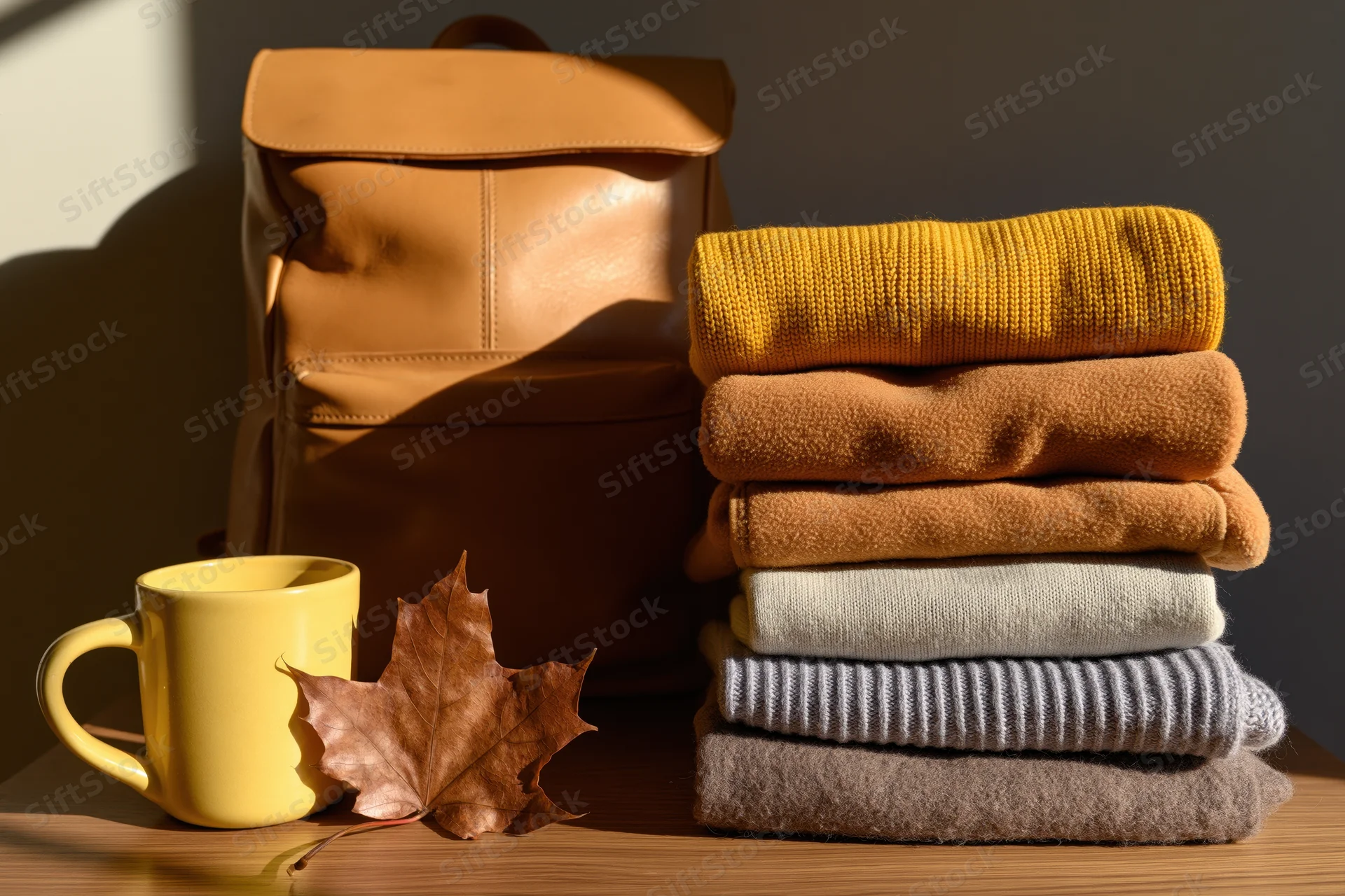 Stack of folded sweaters beside a leather backpack and yellow mug on wooden table with autumn leaf