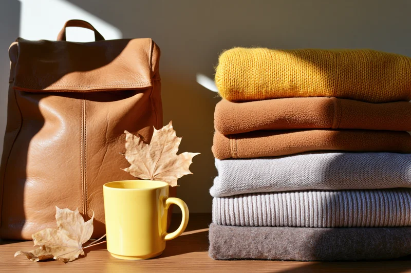 Stack of folded sweaters beside a leather backpack and yellow mug on wooden table with autumn leaves