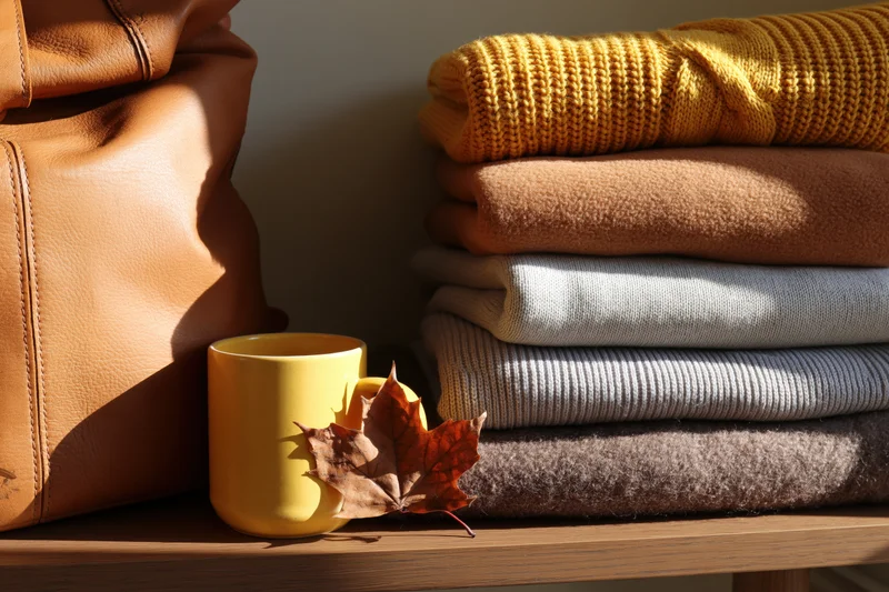 Stack of folded sweaters and a leather bag on a wooden shelf with a yellow mug and autumn leaf