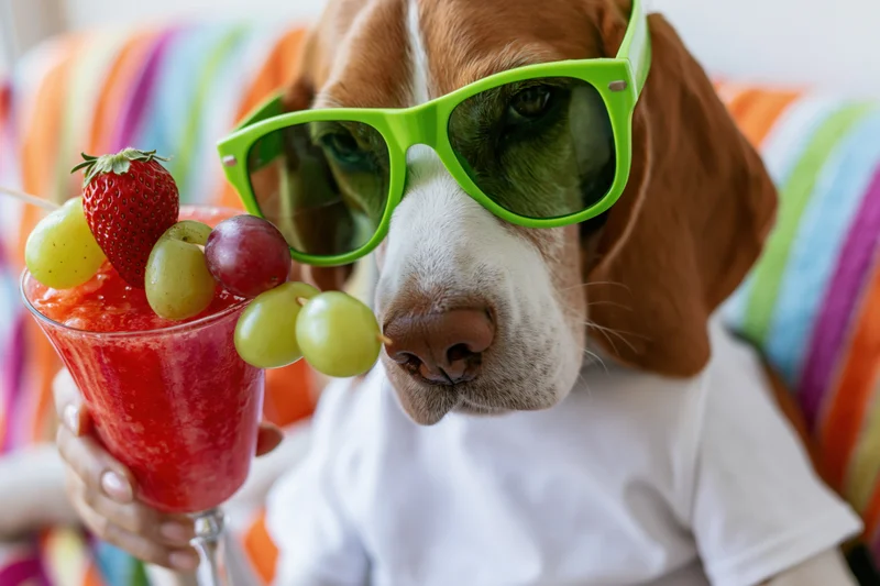 Beagle wearing green sunglasses and white t-shirt holding a fruit cocktail garnished with strawberry and grapes on a colorful striped couch