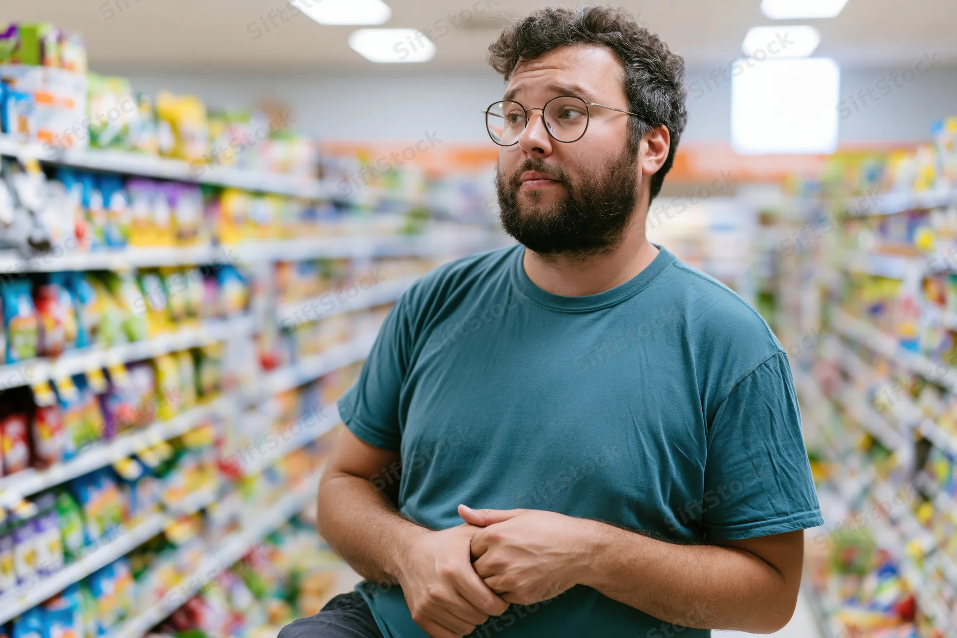 Young man with beard and glasses standing in grocery store aisle, hands clasped, looking thoughtful while shopping