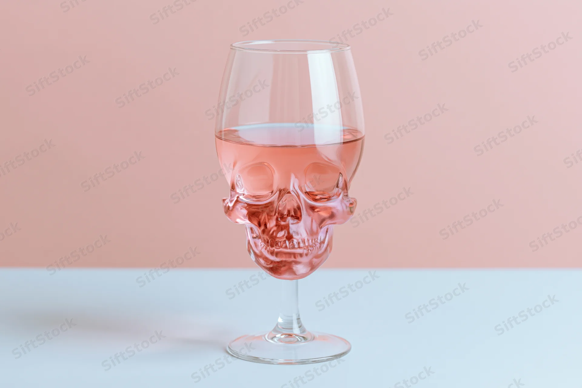Skull-shaped wineglass filled halfway with pink wine on a light blue surface against a pink background