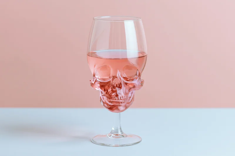 Skull-shaped wineglass filled halfway with pink wine on a light blue surface against a pink background