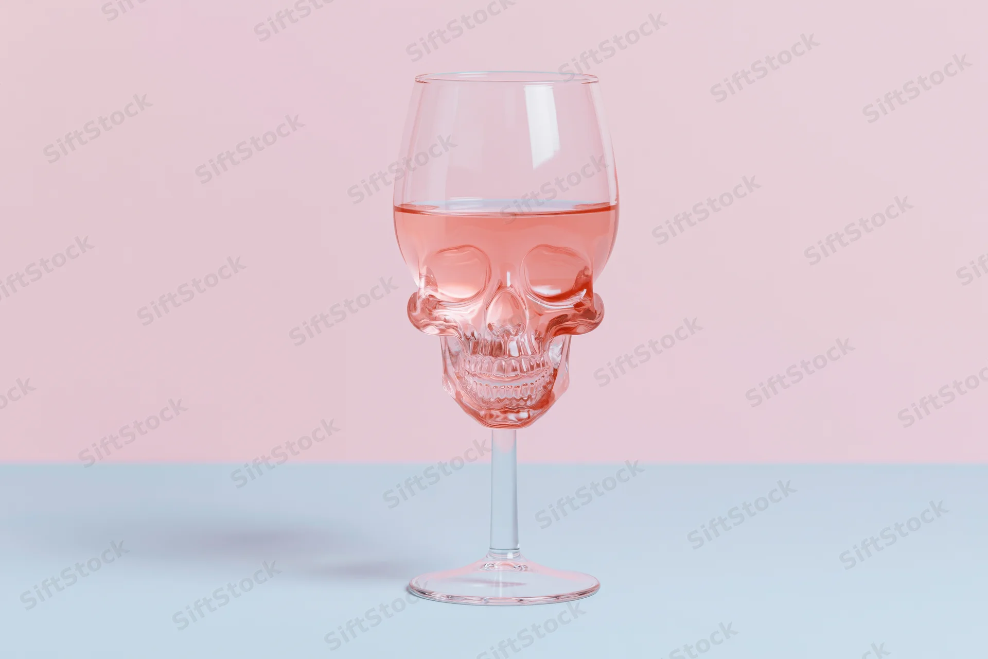 Skull-shaped wine glass half-filled with pink liquid on a pastel blue surface against a pink background