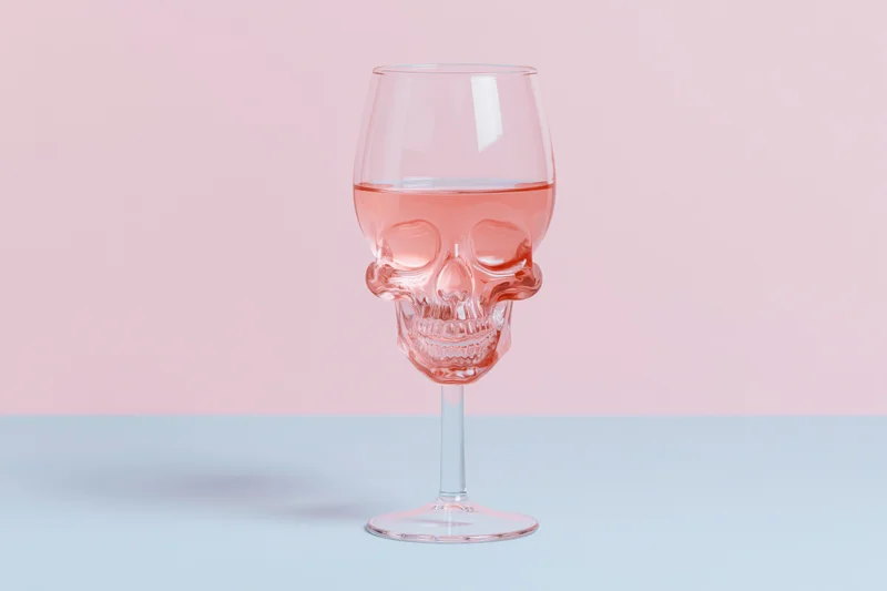 Skull-shaped wine glass half-filled with pink liquid on a pastel blue surface against a pink background