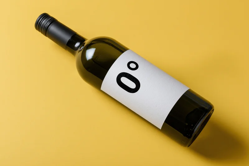 Dark green wine bottle with white label reading 0° lying diagonally on yellow surface