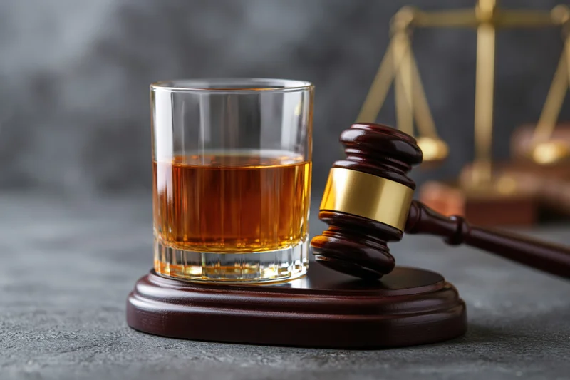 Glass of amber whiskey beside a wooden gavel and scales of justice on a dark surface