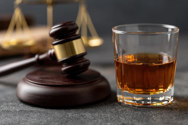 Glass of amber whiskey beside a wooden judge's gavel on a dark surface with scales of justice in background