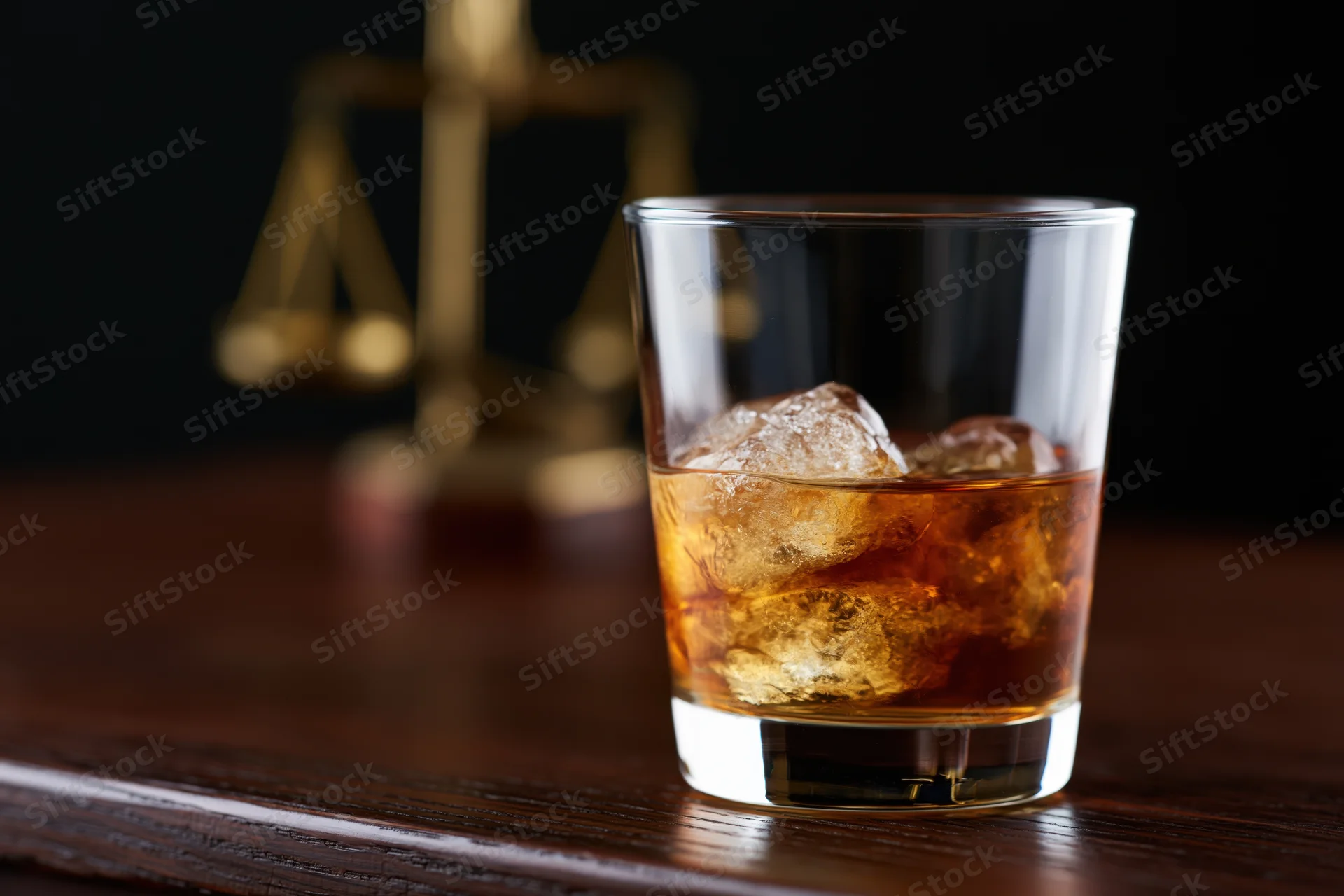Glass of whiskey with ice cubes on a dark polished wooden table, scale of justice in background