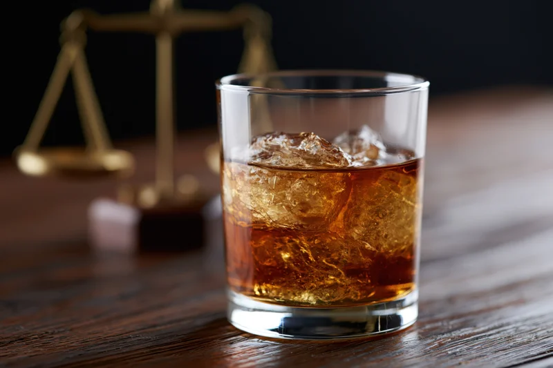 Glass of whiskey with ice on a dark polished wooden table, scales of justice in background