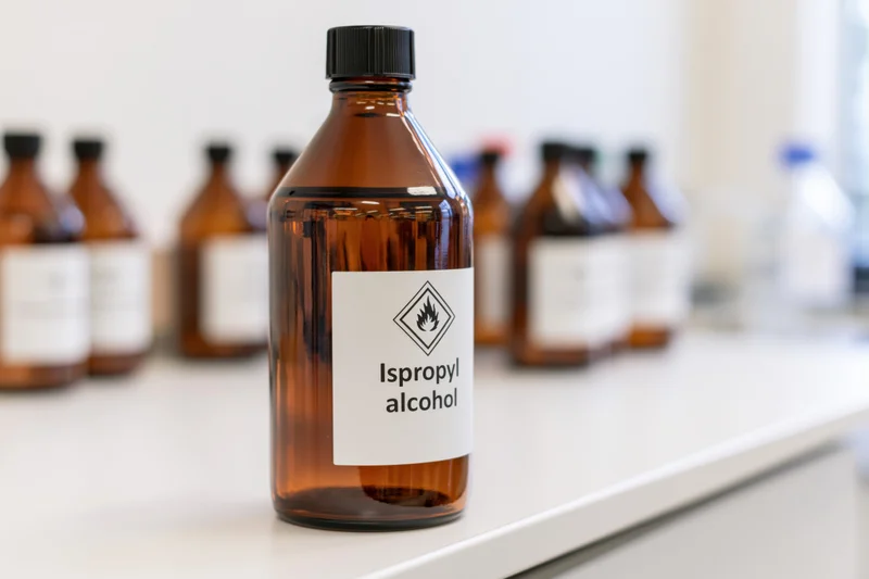 Amber glass reagent bottle labeled isopropyl alcohol on a white lab countertop