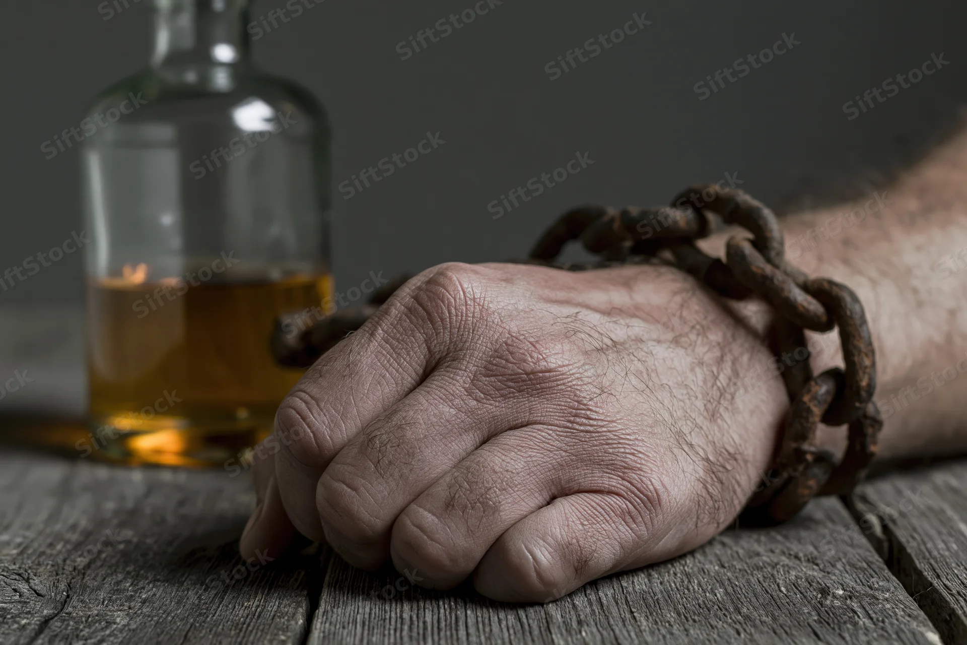 Clenched hand bound by rusted metal chain resting on wooden table beside glass bottle of amber liquid