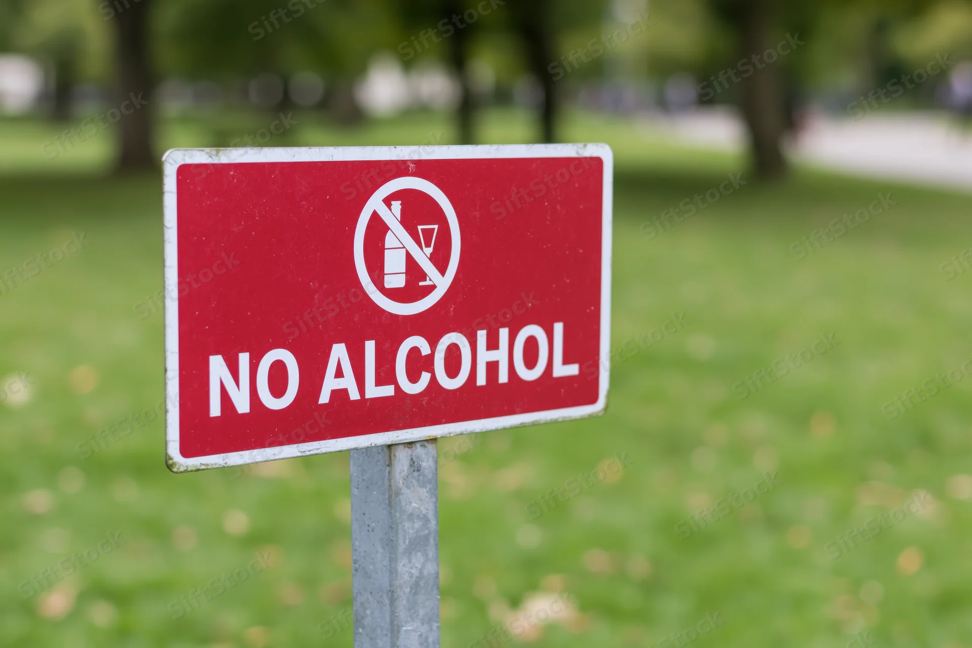 Red no alcohol prohibition sign on metal post in grassy park area