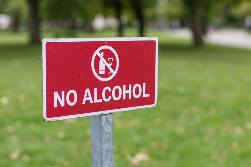 Red no alcohol prohibition sign on metal post in grassy park area