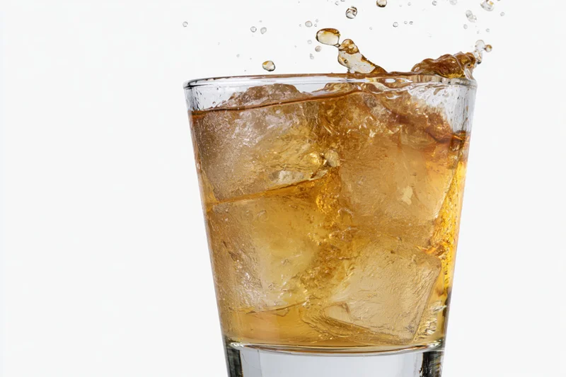 Amber whiskey with ice cubes splashing in a rocks glass on white background